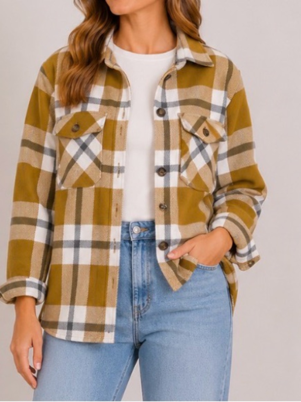 Women's Plaid Shacket in Mustard and Cream Pockets SZ MD Fall/Autumn/Festival